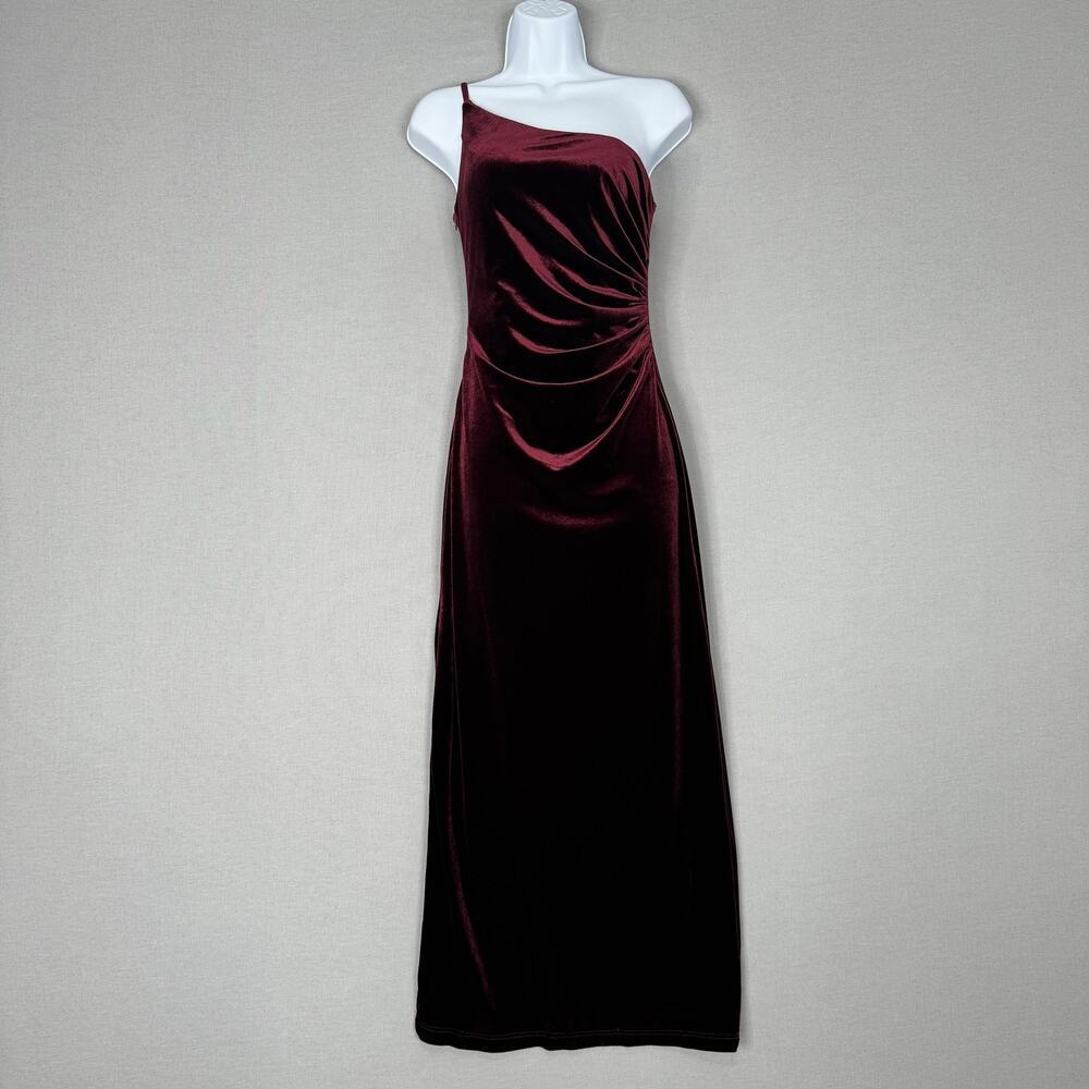 Revelry Jade Velvet Dress Womens 0‎ Burgundy One Shoulder Formal Gown Bridesmaid